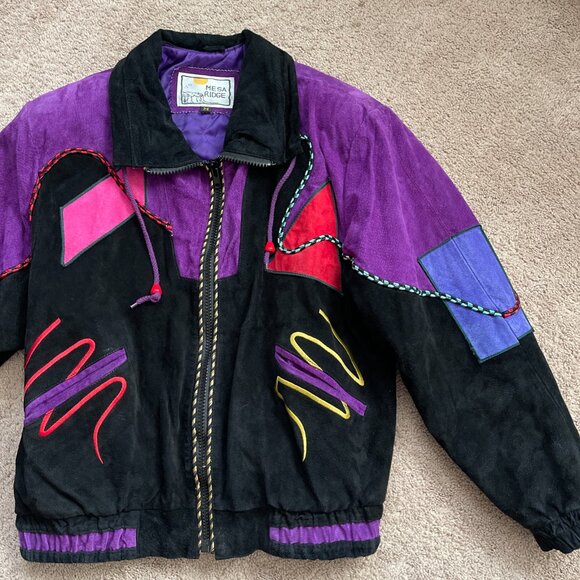 Mesa Ridge Suede Coat Womens M Purple Black Leather Southwestern Bomber Jacket - Picture 2 of 11